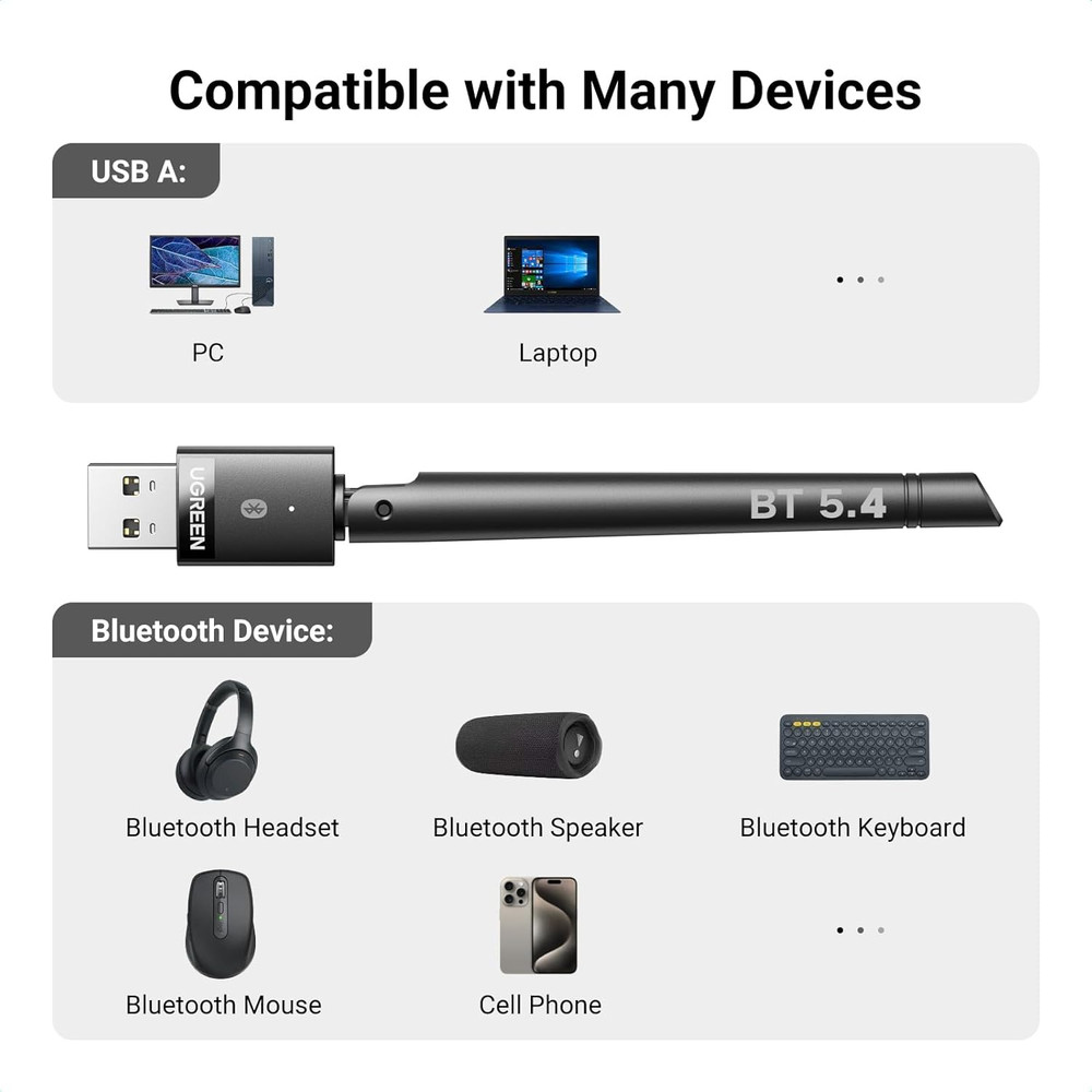 UGREEN Bluetooth Adapter for PC, Bluetooth 5.4 Long Range Dongle Receiver EDR &