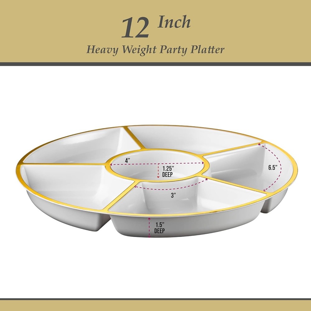 6 Sectional Round Plastic Serving Tray/Platter 2, White & Gold