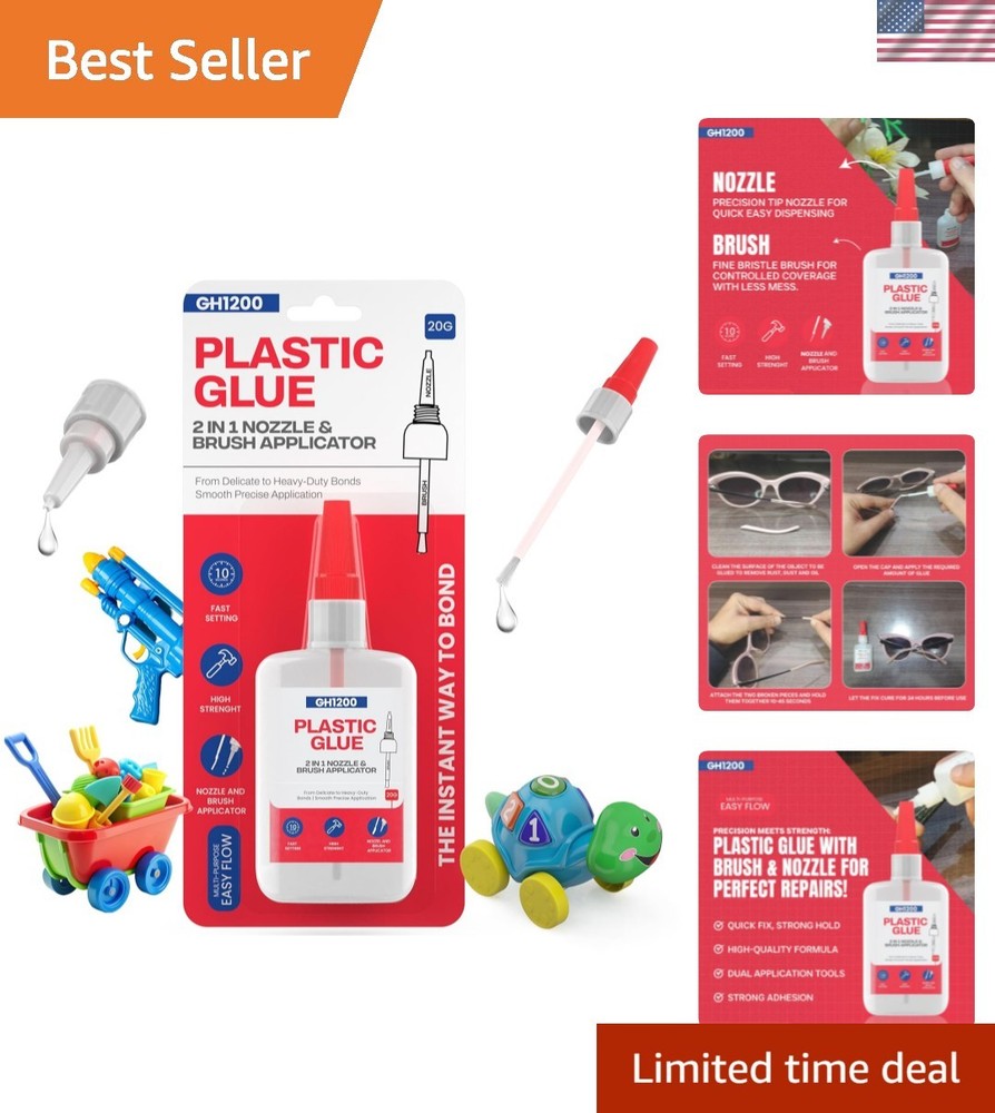 2-in-1 Super Glue for Plastic with Brush Applicator & Nozzle - Fast Setting P...