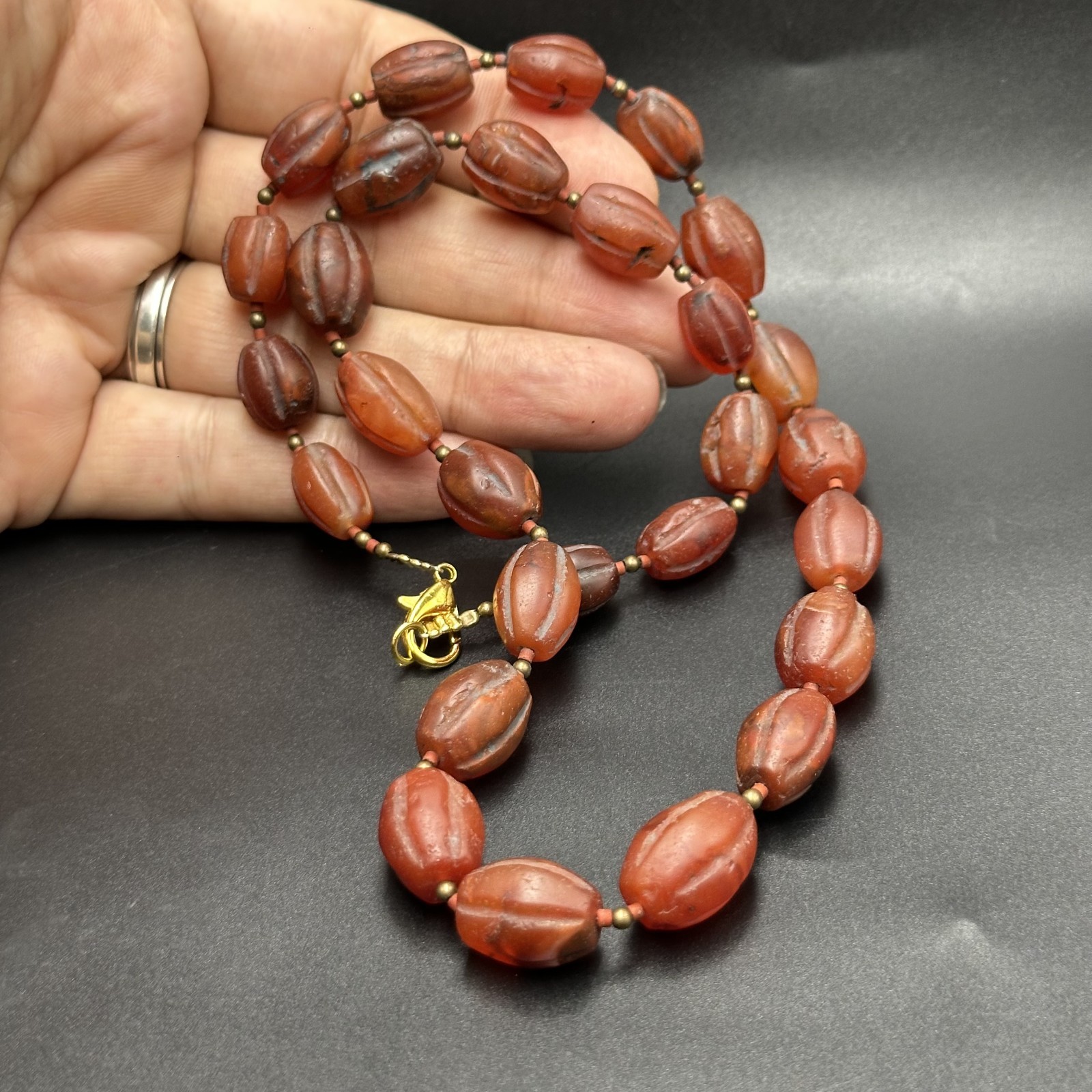 Vintage Himalayan Tibetan Carnelian Carved Agate Oval Shape Beads Necklace Mala