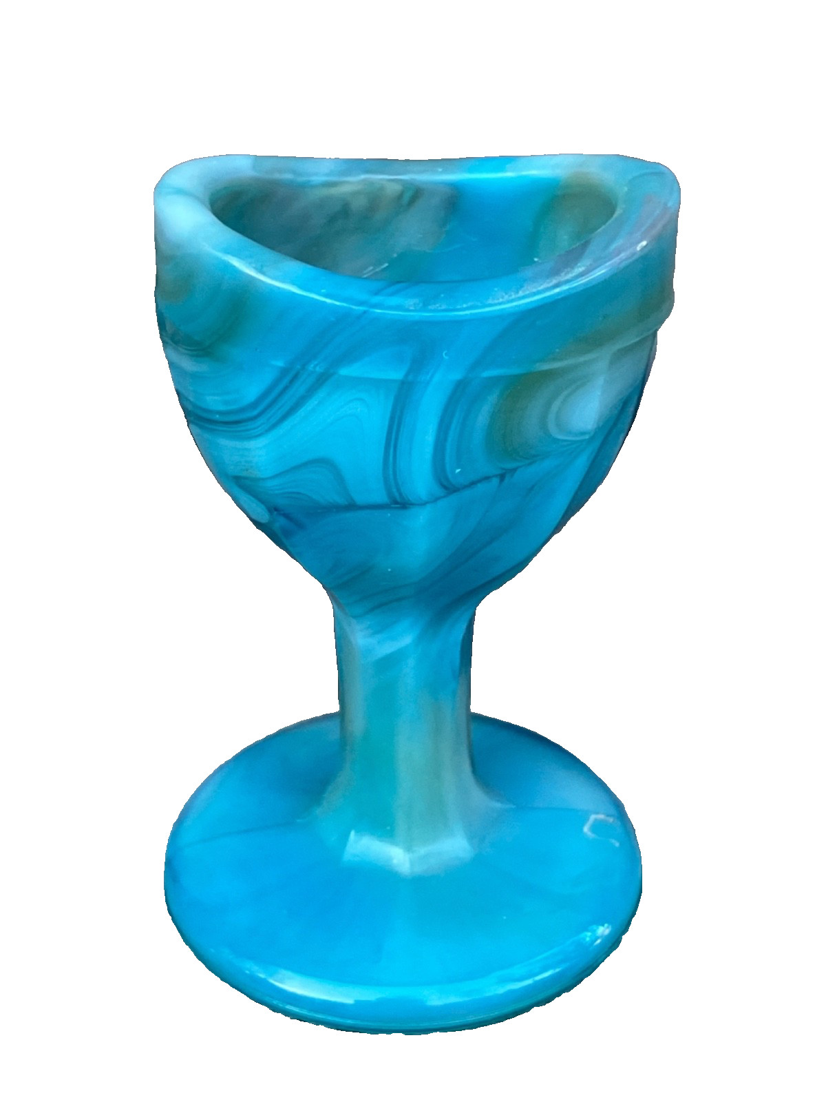 VTG GLASS EYE WASH CUP BLUE & GREEN  SLAG SWIRLED 2.5"