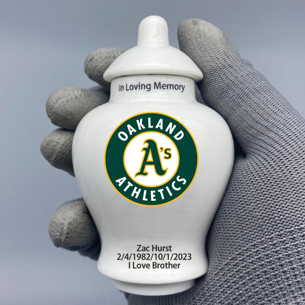 Ceramic Baseball Urn – Oakland Athletics Theme, Custom Text