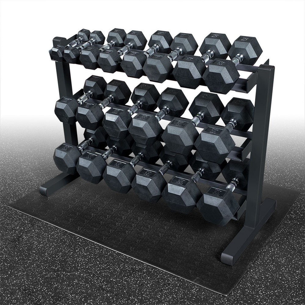 Body-Solid 5-50 lb. Rubber Hex Dumbbell Package with Storage Rack, Floor Mat
