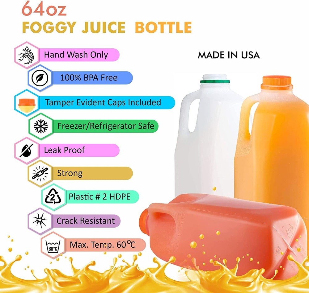 [ 5 Pack ] Empty Plastic Juice Bottles with Tamper Evident Caps 64 Oz.