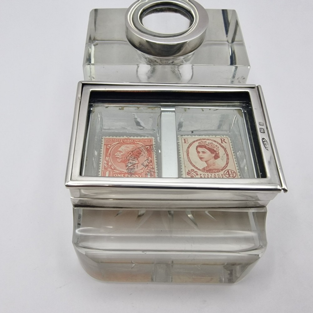 Antique Edwardian Solid Silver Mounted Glass Inkwell, Stamp Box & Pen Rest