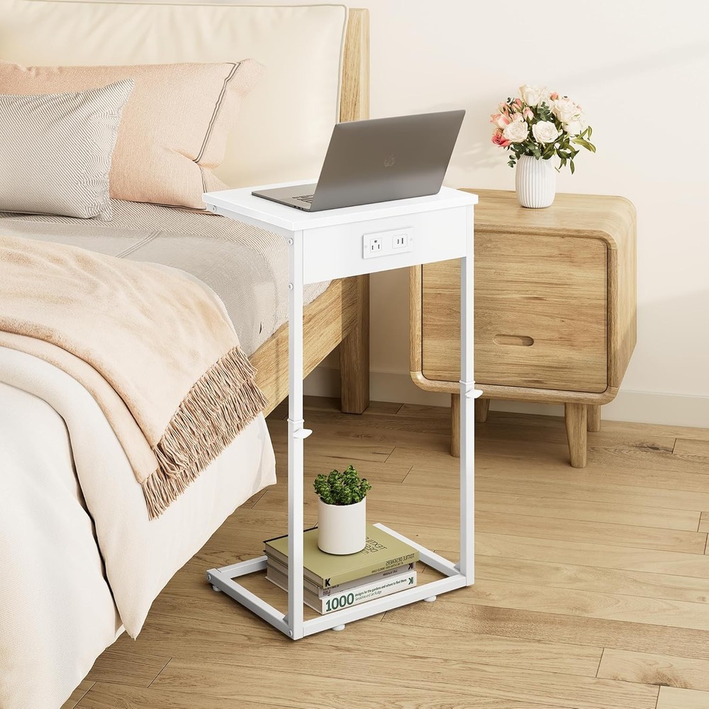 C Shaped End Table W/ Charging Station Adjustable Height Side Table Couch Small