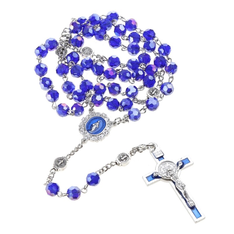 Blue Crystal Bead Rosary Necklace Vintage Catholic Religious for Pen
