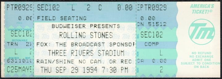 Rolling Stones Concert Ticket - 1994 Three Rivers Stadium