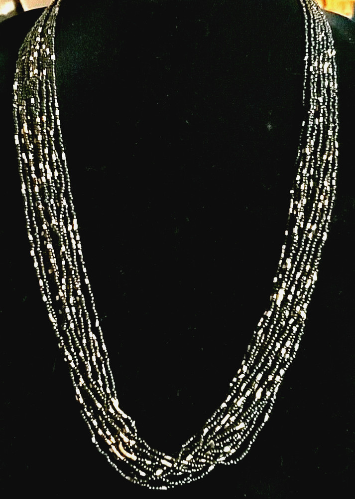Black & Gold Seed Bead Necklace- 28" Multi Strand