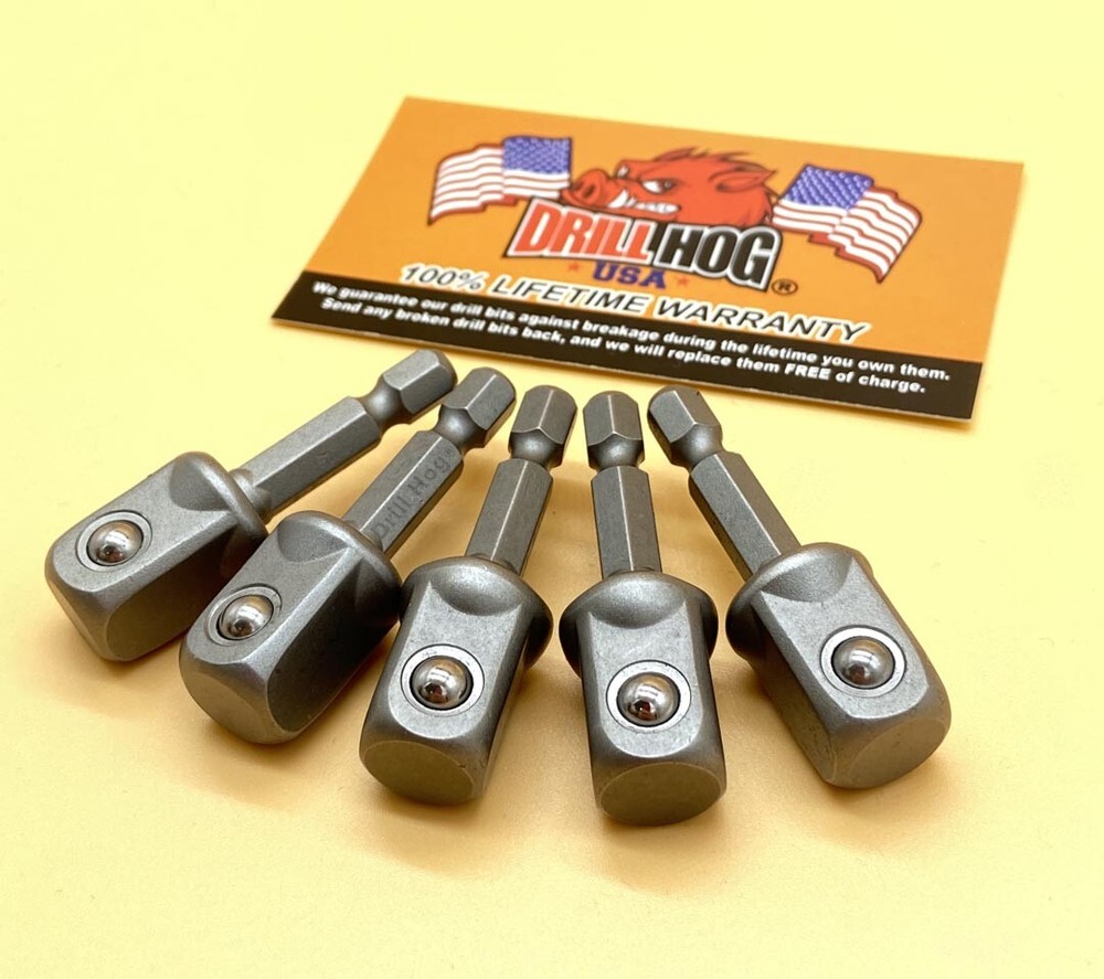 Drill Hog® 1/2" Socket Adapter Hex Shank Impact Driver Bit 5Pc Lifetime Warranty