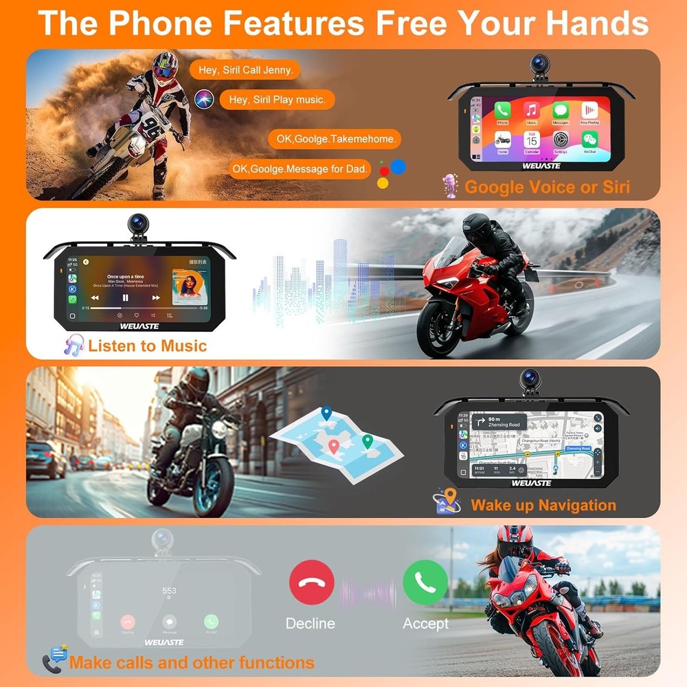 6.25 Inch Motorcycle Carplay - Wireless Wired Waterproof GPS Touchscreen