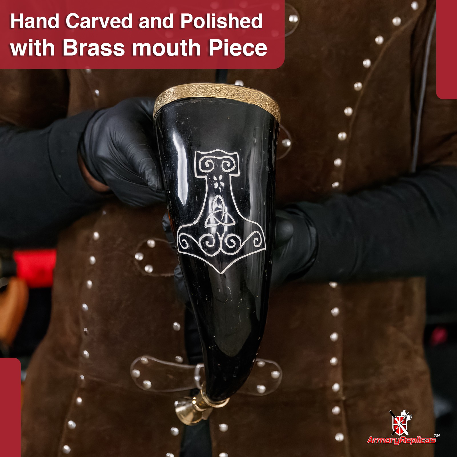 Medieval Viking Mjolnir Blowing Horn with Brass Rim - 9-12" Authentic Horn