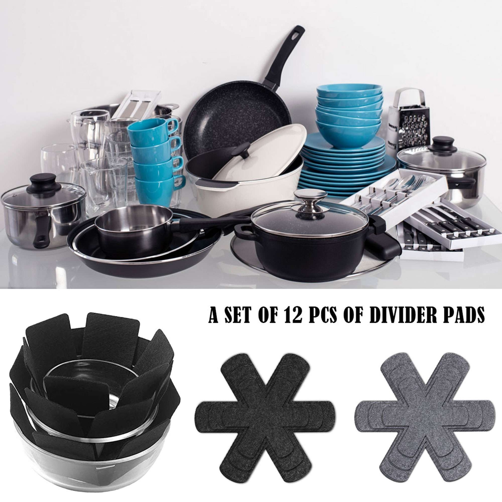12x Pot Pan Protectors, 3 Sizes of Felt Pan and Pan Separator Pads, Anti-Scratch