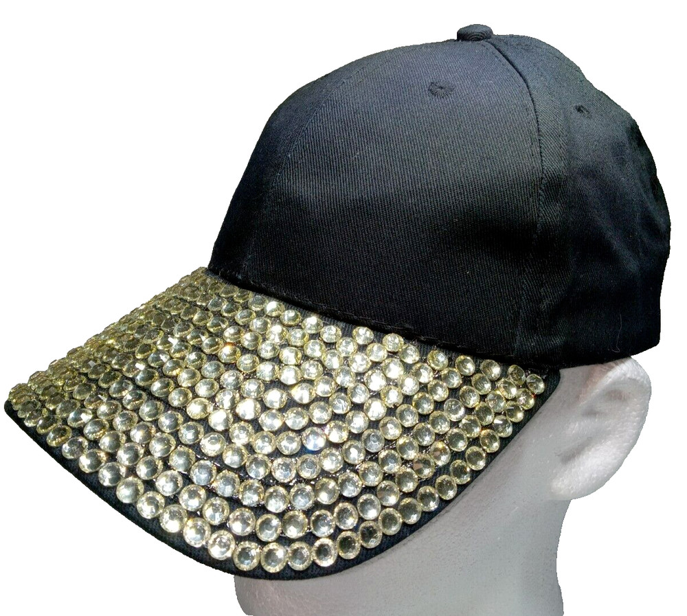 Rhinestone Womens One Size Adjustable Hook Loop Classy Black Cotton Hat Cap