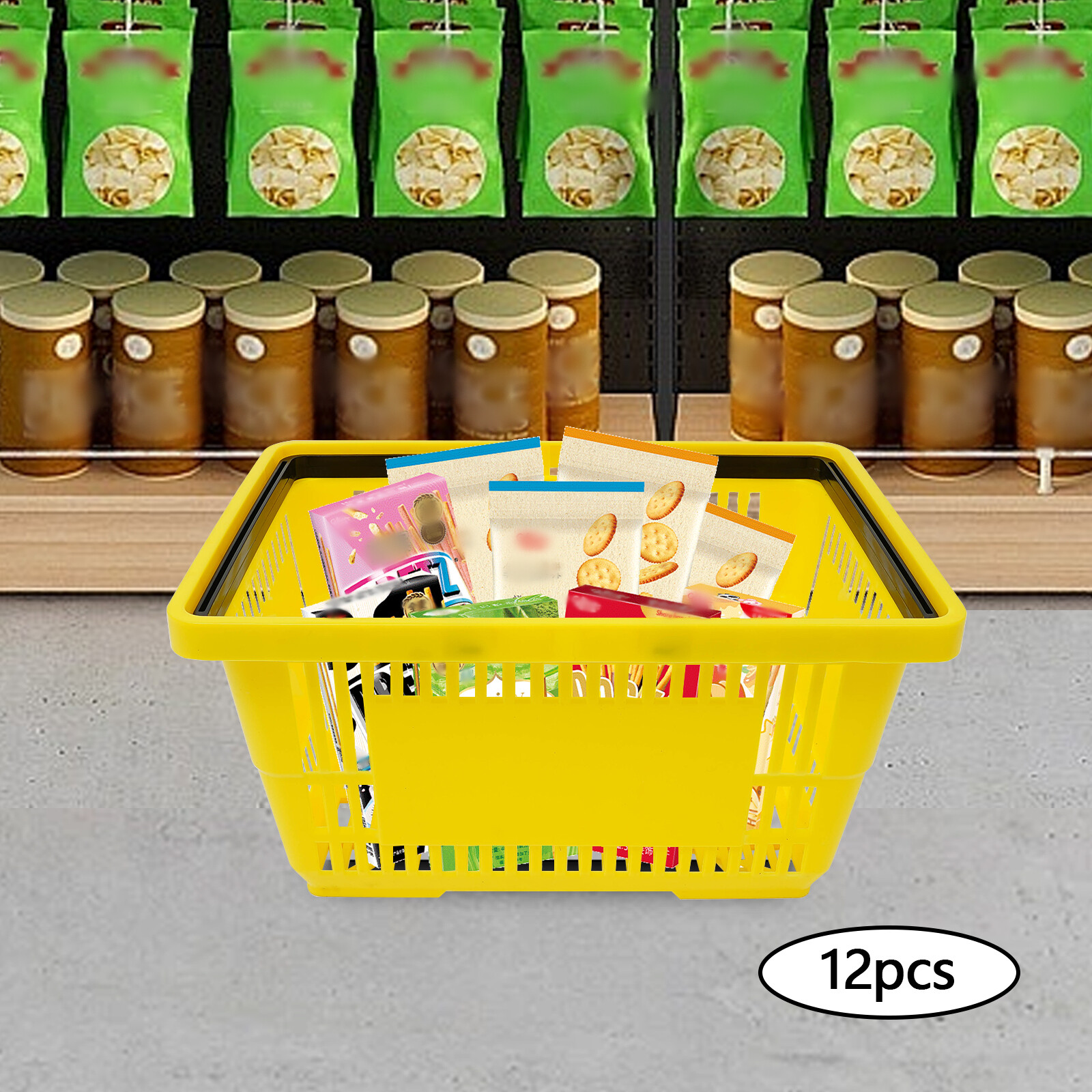 12 Packs 28L Plastic Shopping Baskets with Handles Yellow Store Retail Baskets