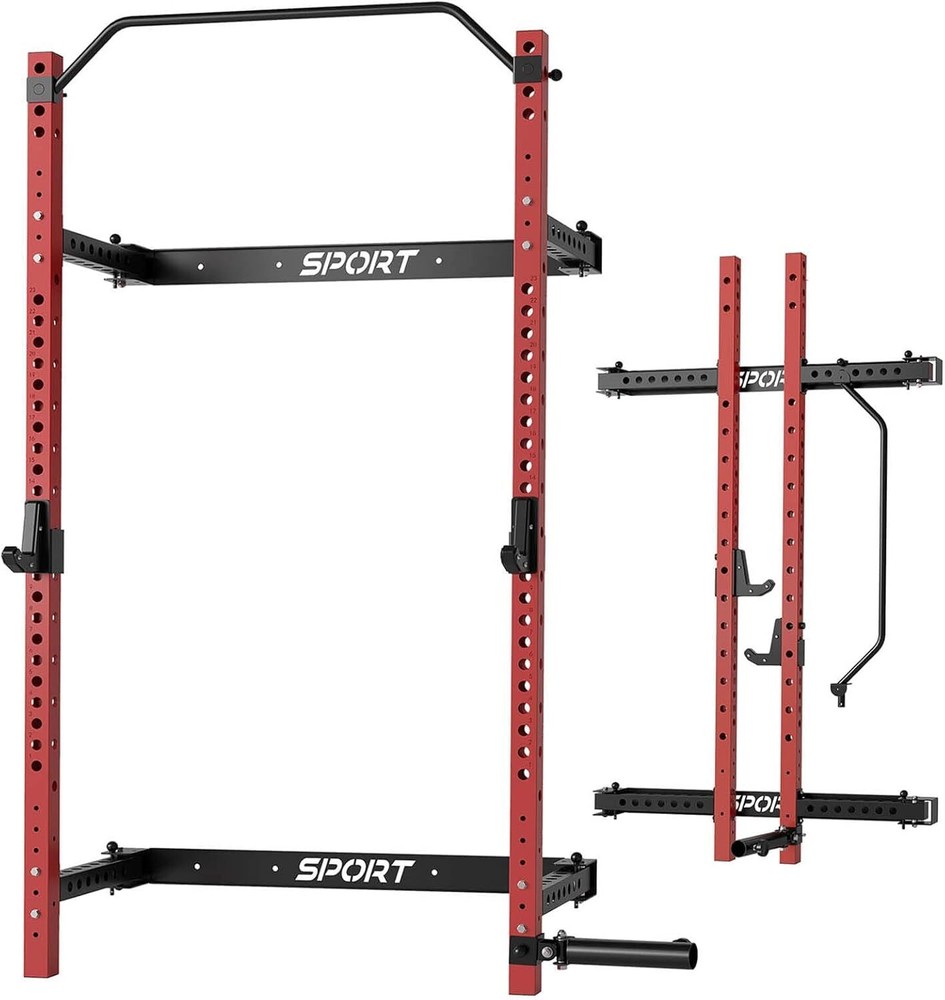 Foldable Squat Rack 1000 LBS Capacity Space-Saving with Pull-Up Bar Wall Mounted