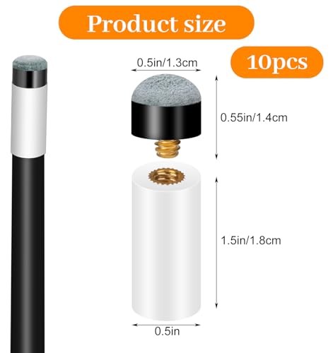 10 Sets Pool Cue Tips, Screw-On Pool Stick Tips Replacement Kit with White