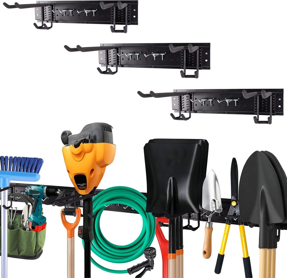 Sturdy Wall-Mount Garden Tool Organizer Rack with Multi-Hook Storage System