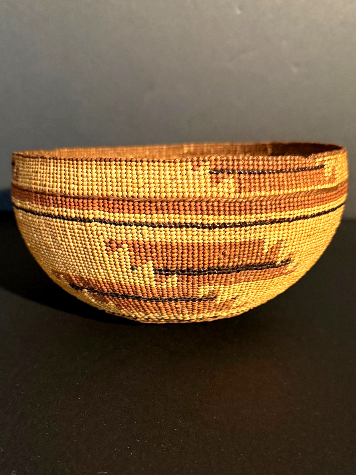 EXTRAORDINARY HUPA FANCY CAP BASKET, BEAR GRASS & FERN OVERLAY, C1890, EXCELLENT