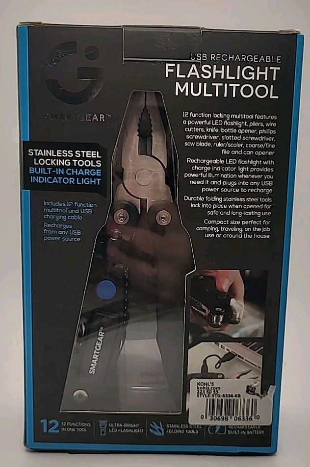 Smart Gear 12 In 1 Multitool Led Flashlight USB Rechargeable SS Locking Tool NIB