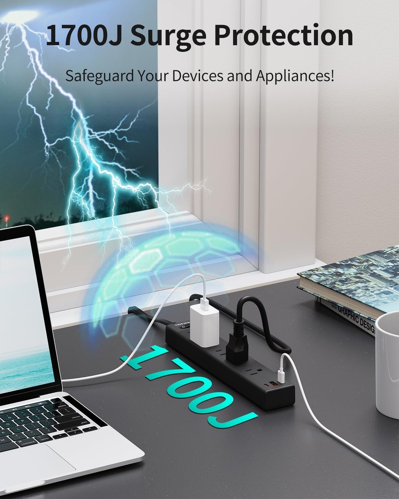 Flat Plug Power Strip, 6 Ft Ultra Thin Extension Cord, Surge Protector with 5...