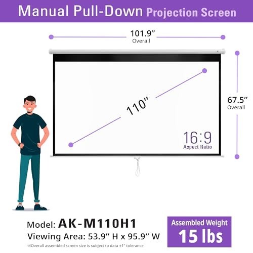 110" Manual Pull Down Projector Screen, 16:9 HD Retractable, Wall/Ceiling Mount,
