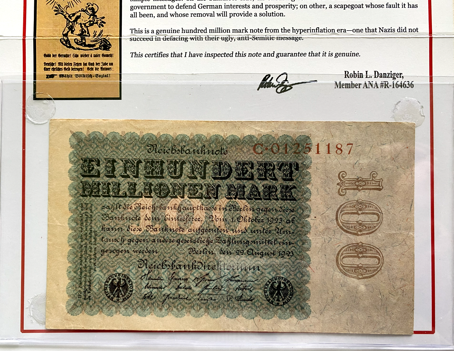 Germany HUNDRED Million Mark Propaganda Banknotes 1927 Election COA & History