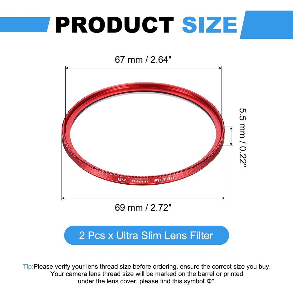 2Pcs 67mm Ultra Slim Lens Filter Multi Coating Camera Len Filter, Red