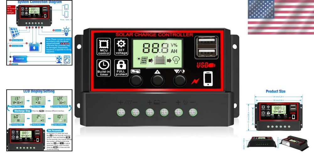 Upgraded 30A Solar Charge Controller with Dual USB & LCD Display - Safe & Eff...