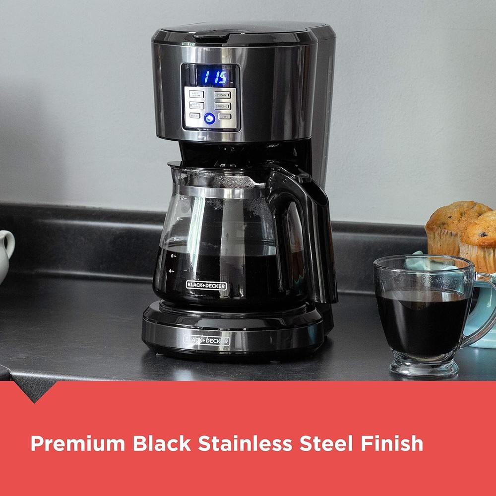 BLACK+DECKER 12-Cup Programmable Coffeemaker VORTEX Technology Black Stainless