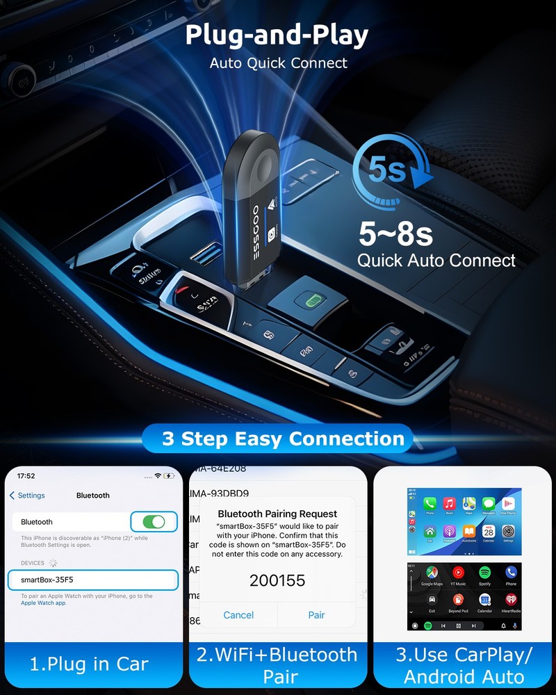 Plug&Play USB Wireless Adapter For Apple CarPlay Android Auto Wireless Dongle US