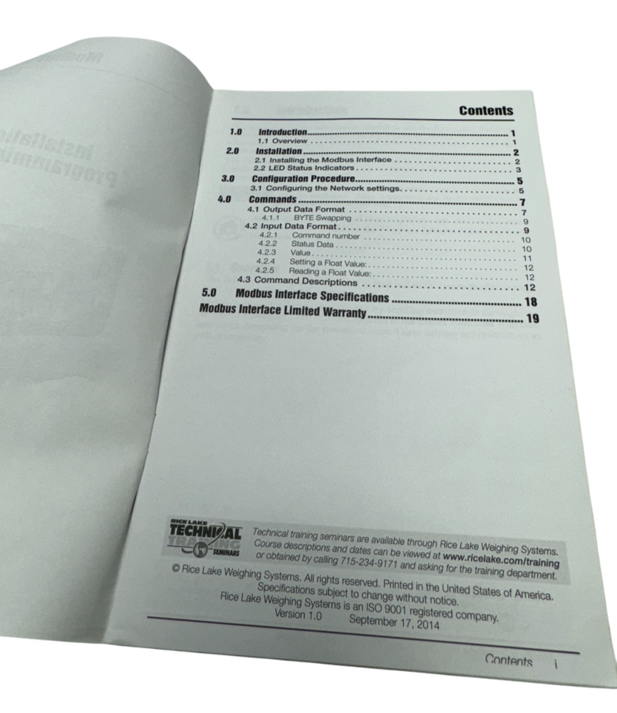 Rice Lake Modbus TCP Interface Installation and Programming Manual, 156782