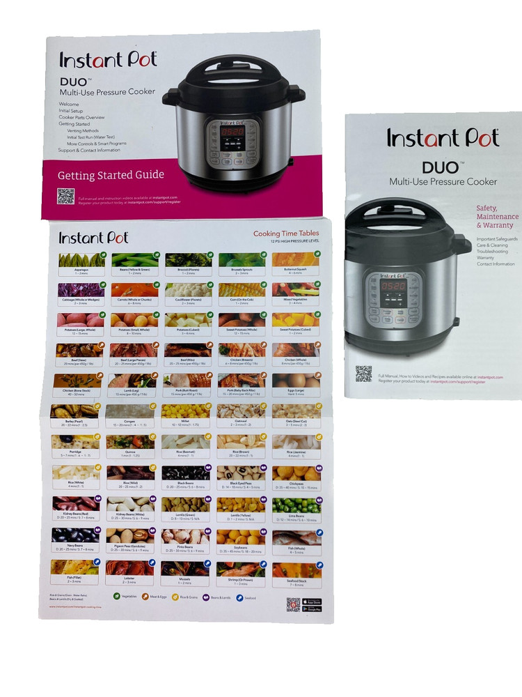 Instant Pot® DUO Getting Started Guides & Cooking Time Tables Chart **NO POT**