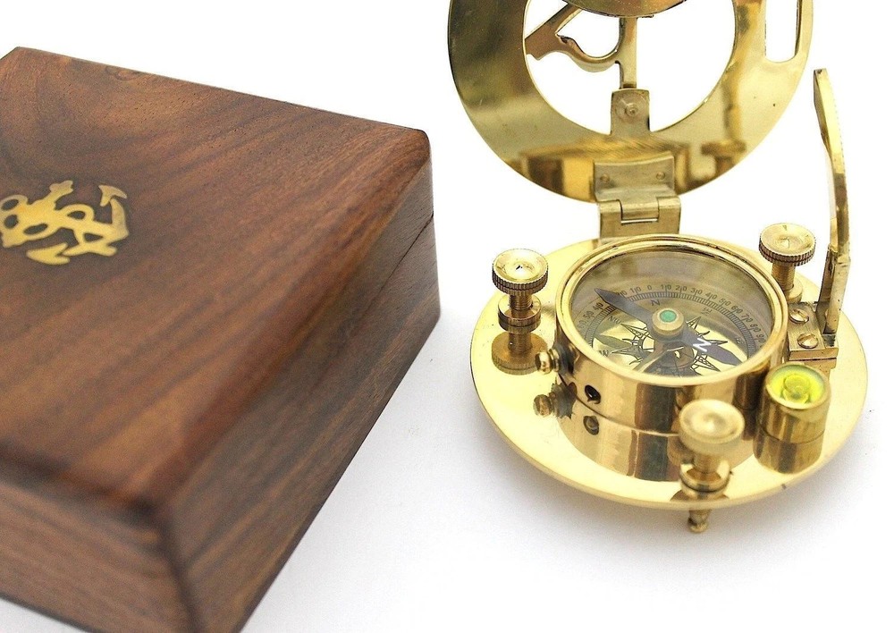Sundial Compass Solid Brass Vintage Nautical Retro Steampunk Polished Box