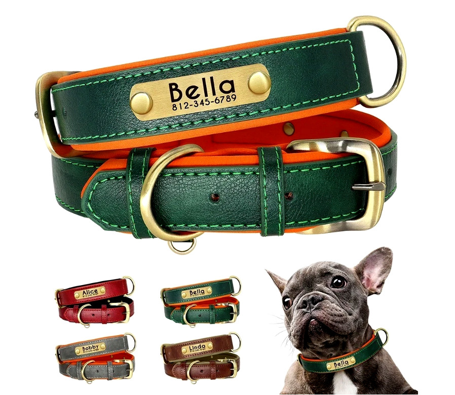 Soft Leather Personalized Dog Collar ID Tag Engraved for Small Medium Large Dogs