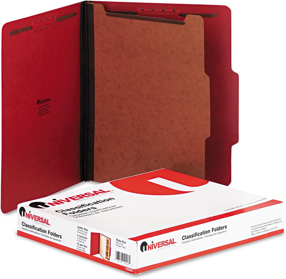10203 Pressboard Classification Folders, Letter, Four-Section, Ruby Red (Box of