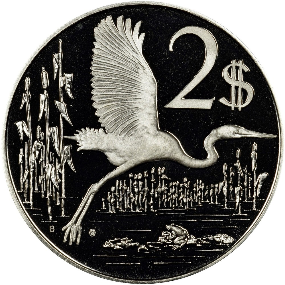 1975 Cayman Is Large Silver Proof $2 Blue Heron bird