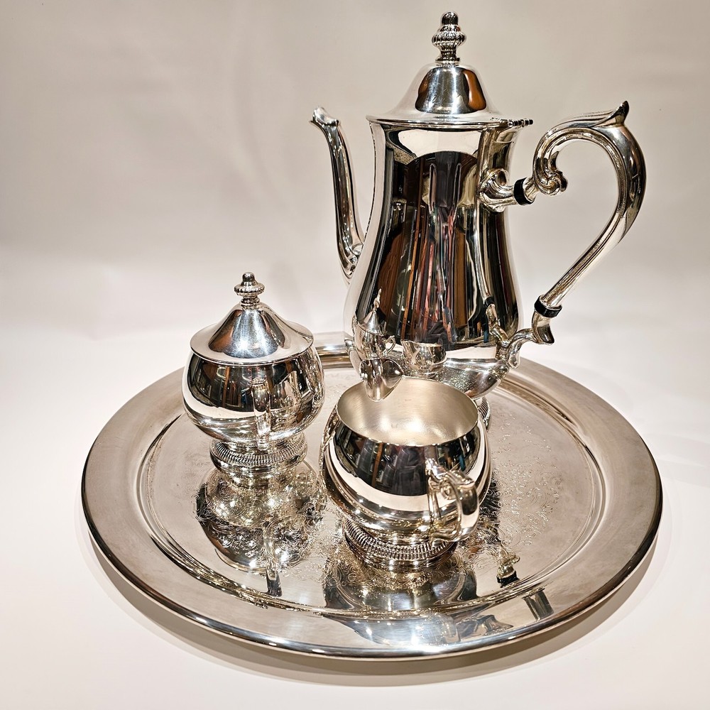 Reed & Barton S2600 Silver Plate Coffee Pot Creamer Sugar Bowl Lid Set with Tray