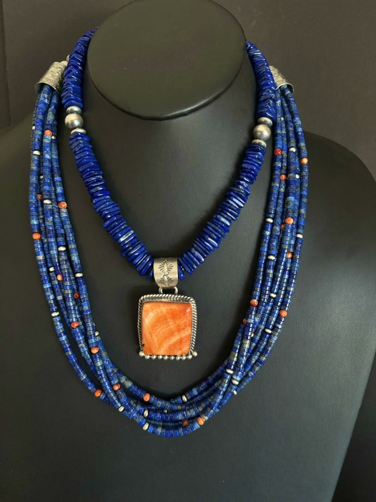 Sterling silver spiny oyster lapis necklace set