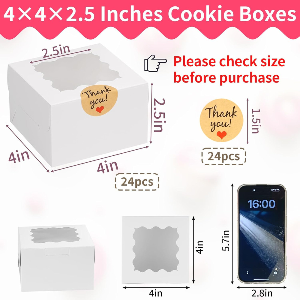 24pcs White Cookie Boxes, 4x4x2.5 Inches Bakery Boxes with Window, for Mini Cake