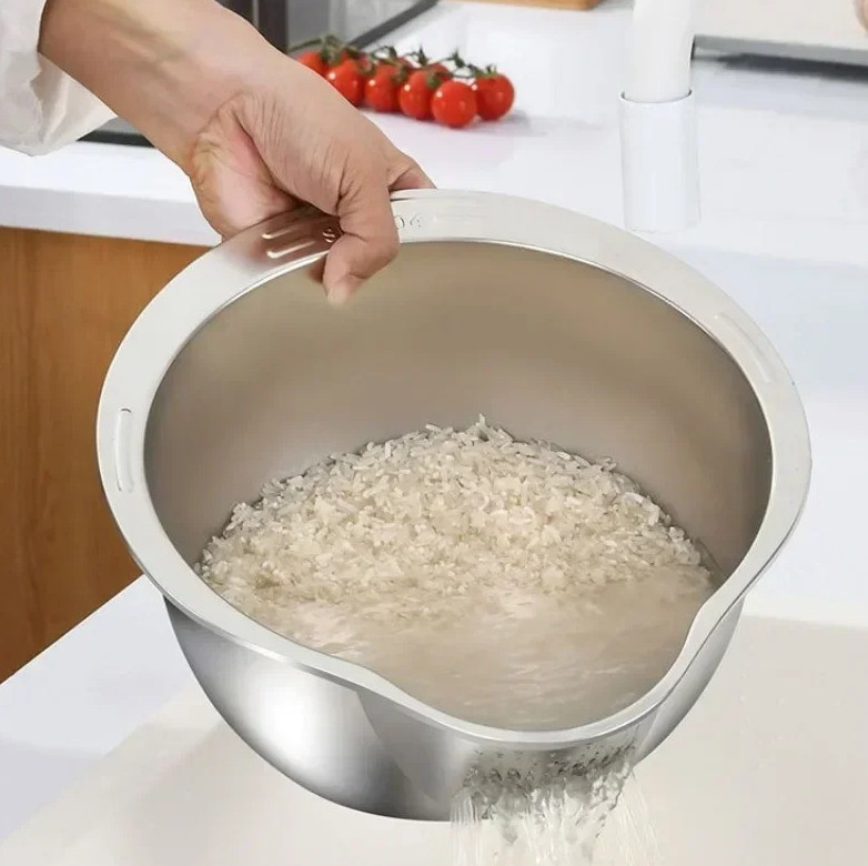 1pc Stainless Steel Rice Washer & Strainer Bowl – 304 Steel Colander for Kitchen