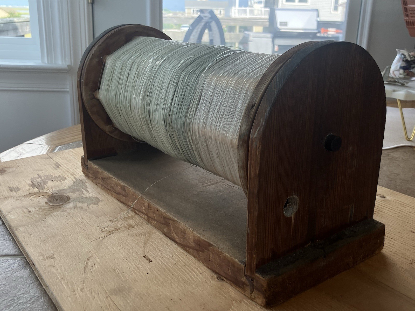 1950’s Vintage Hand-Crank Fishing Line Dryer – Wood Reel w/ Mono