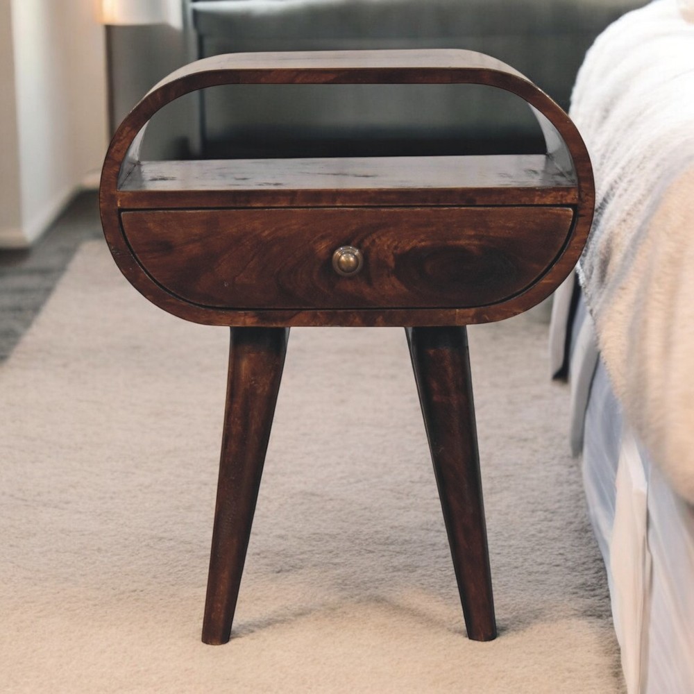 Solid Wood California Walnut Circular Bedside with 1-Drawer, Open Slot,