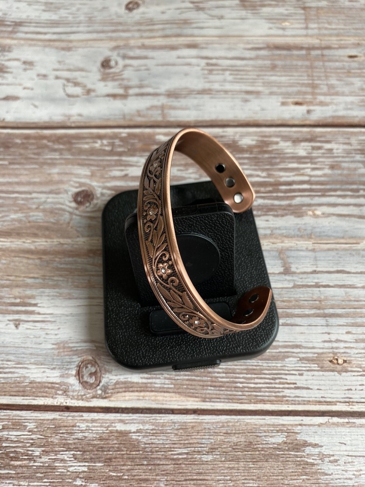 Crystal Flower Pattern Magnetic Therapy Pure Copper Bangle Bracelet