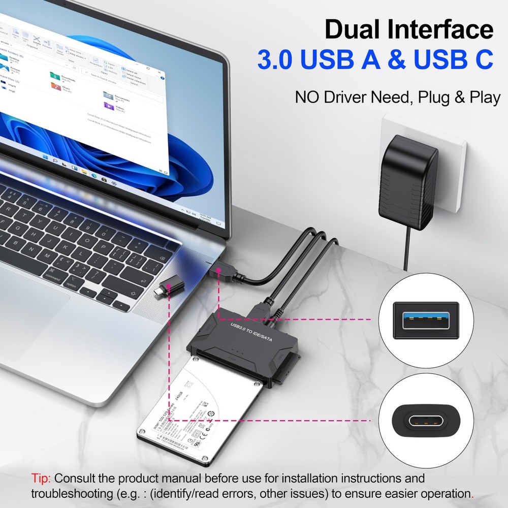 Hard Drive Reader USB 3.0 & Type C to SATA IDE Adapter, Internal Data Black