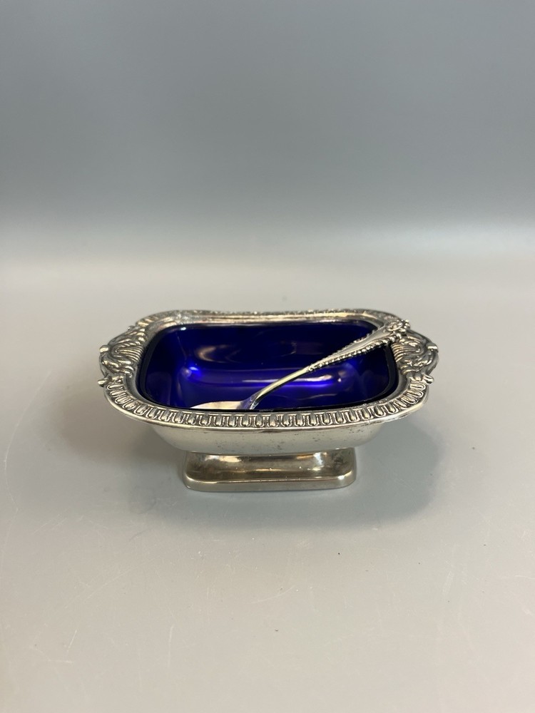 Footed Open Salt Cellar Cobalt Plastic Insert Silver Plate Base Made In England