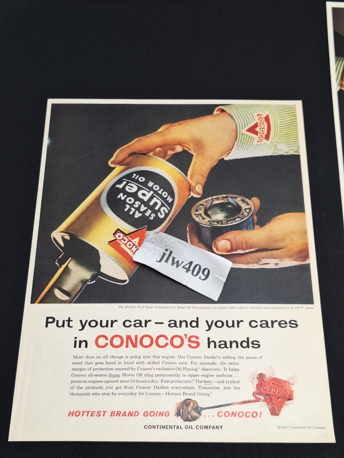 (4) 1959 CONOCO GASOLINE MOTOR OIL Print Ads Magazine Ads