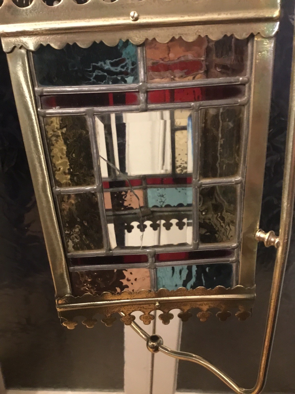 A BEAUTIFUL ANTIQUE BRASS & STAINED GLASS HALL LANTERN ,circa-1870.