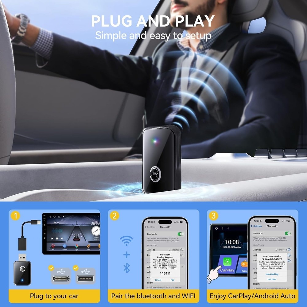 2 in 1 Wireless CarPlay Adapter, Support Phone and Android Plug and Play