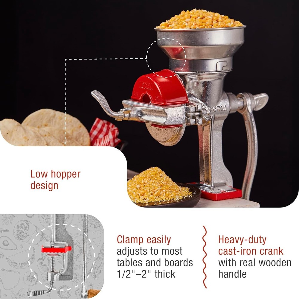 Efficient Manual Grain Grinder: Heavy-Duty Cast Iron Mill with Adjustable Hopper
